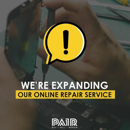 Expanding online repair service with image of hands fixing a device, yellow alert icon conveys important update.